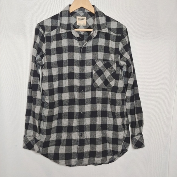 TNA Aritzia Brisco Buffalo‎ Check Plaid Gray Black Long Sleeve Flannel Button S - Picture 2 of 7